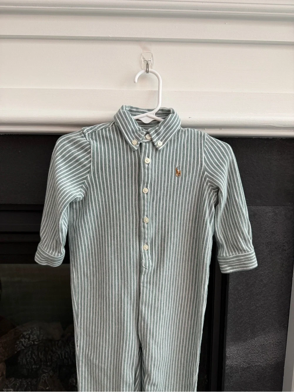 Ralph Lauren Boys Striped Knit Oxford Coverall Green White Size 12 Months